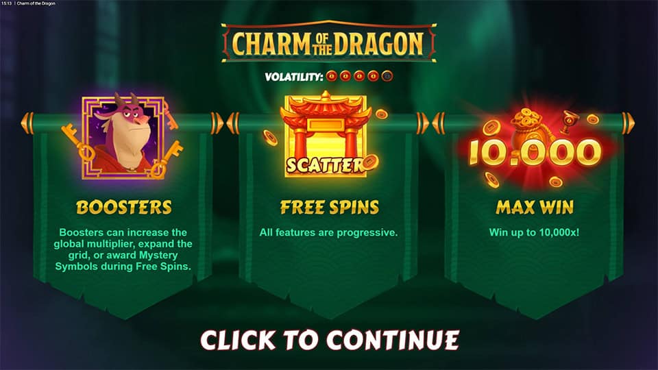 Intro screen showing volatility, progressive features, and up to 10,000x win potential with boosters and free spins.