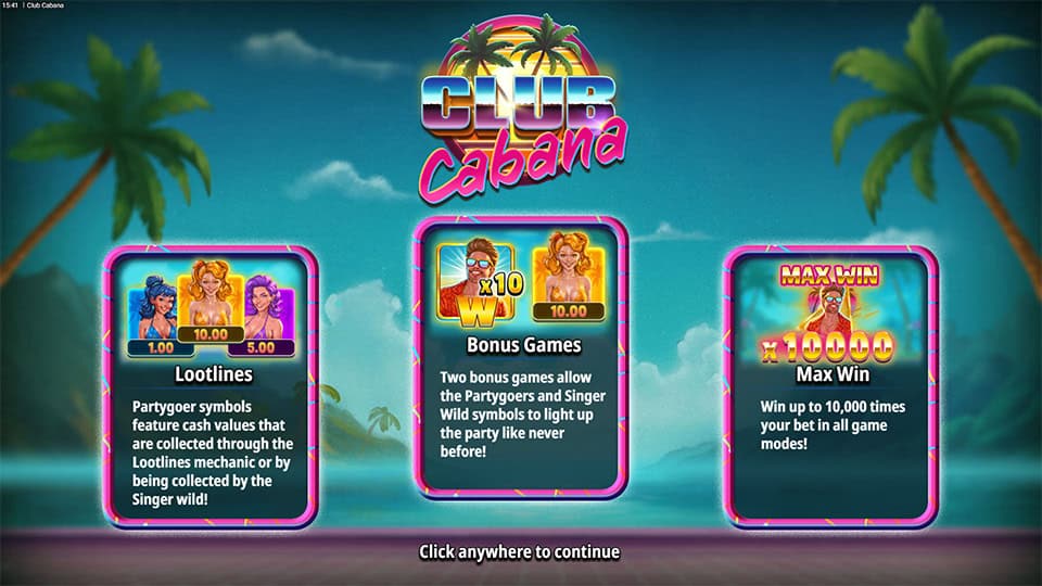 Intro screen showing Lootlines, Bonus Games, and Max Win up to 10,000x bet.