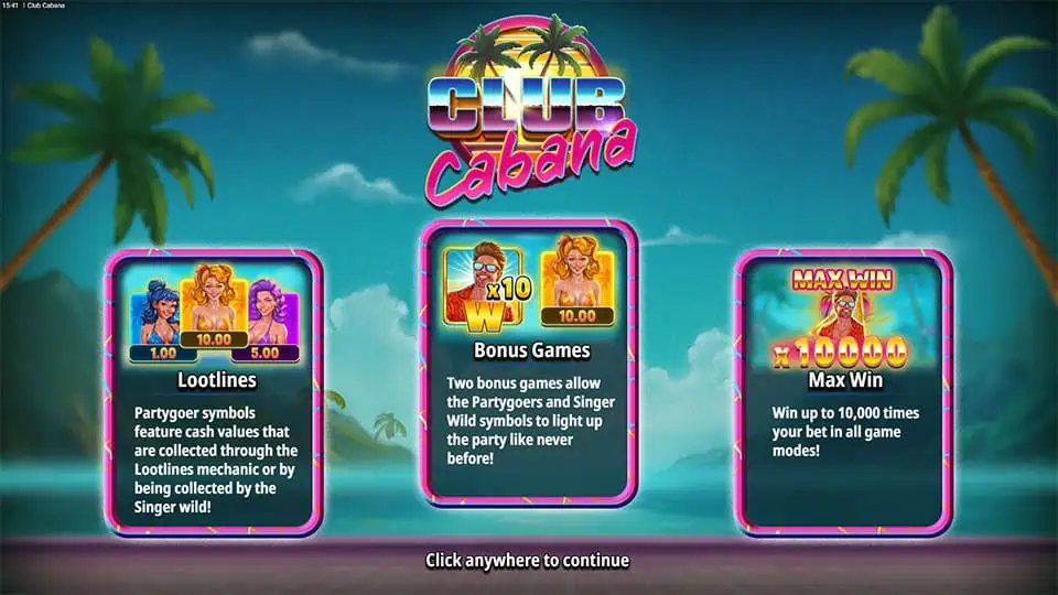 Intro screen showing Lootlines, Bonus Games, and Max Win up to 10,000x bet.