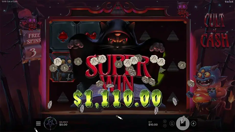Super Win message with $1,110.00 payout, animated coins bursting from reels, and a hooded black cat with glowing red eyes.