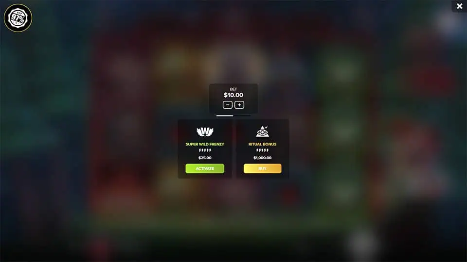 Bonus buy interface offering “Super Wild Frenzy” and “Ritual Bonus” with adjustable bet options.