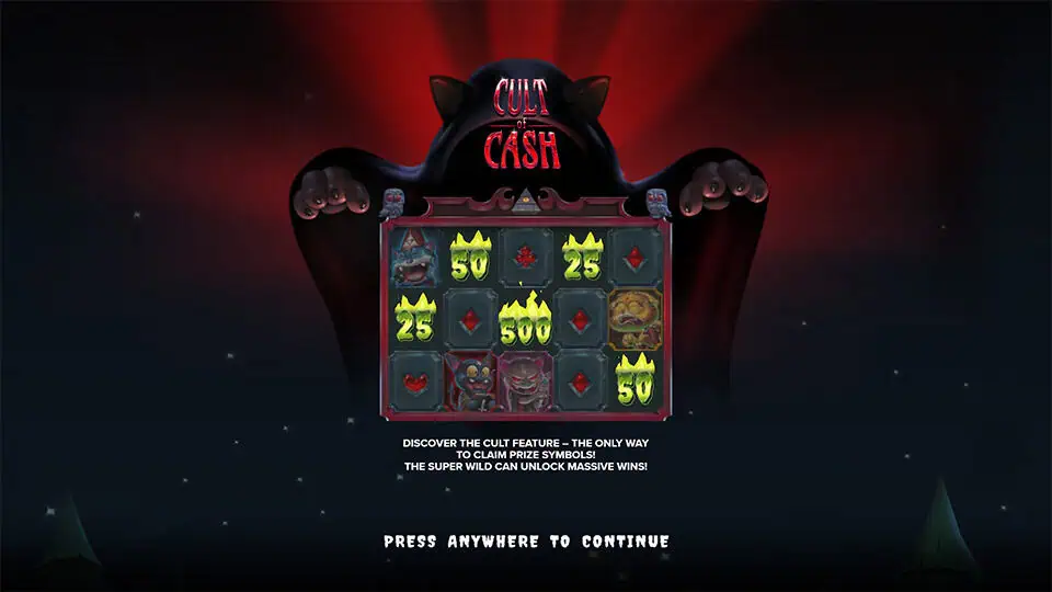 Main slot screen with various cartoonish villain symbols, bonus tile in view, and a forest backdrop under moonlight.
