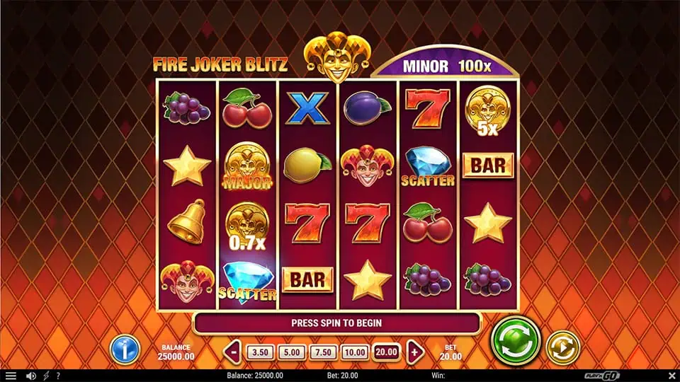 Slot grid with classic fruit symbols, jokers, multipliers, and scatter diamonds on a fiery red backdrop.