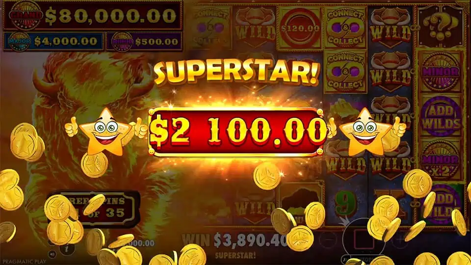 Superstar win celebration with coins flying and two smiling stars next to a highlighted prize panel.