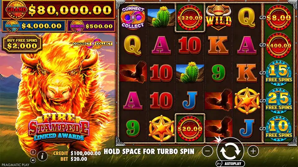 Slot reels with western symbols, cacti, wild icons, golden stars, and connect & collect features.