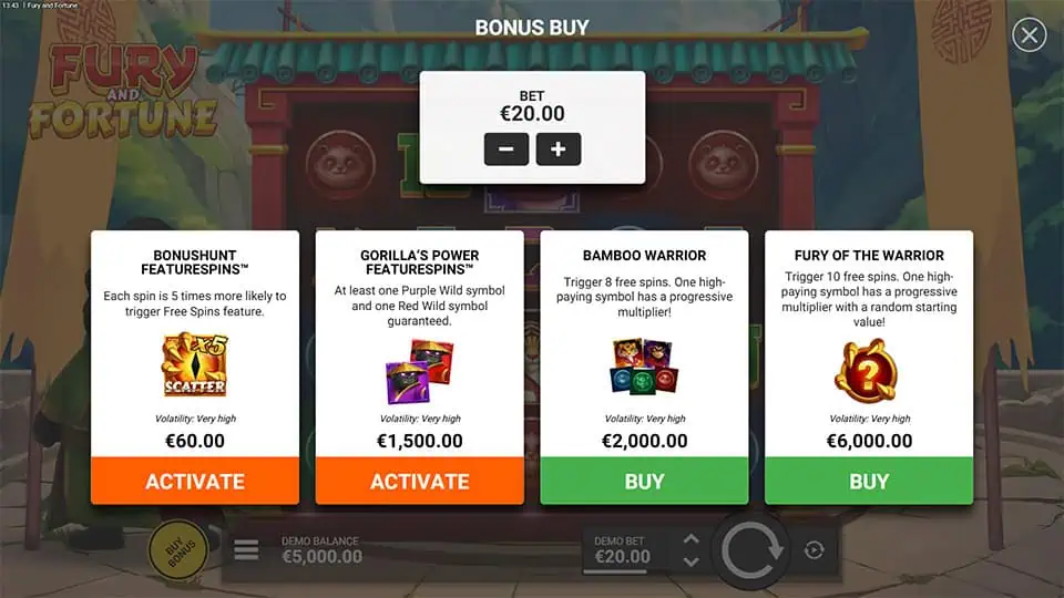 Fury and Fortune slot bonus buy screen showing feature buy prices