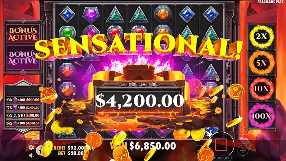 $4,200.00 Sensational Win animation with treasure chest, gold coins exploding, and lava eruption.