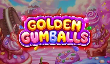 Golden Gumballs logo in candy-themed setting with desserts and syrupy background for game branding.