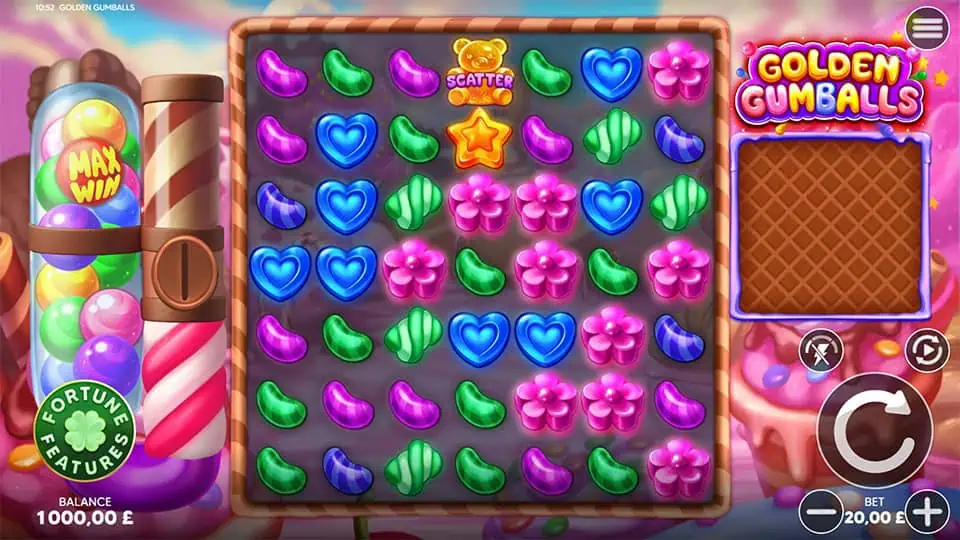 Colorful candy grid with hearts, flowers, and scatter symbols beside gumball machine marked Max Win.