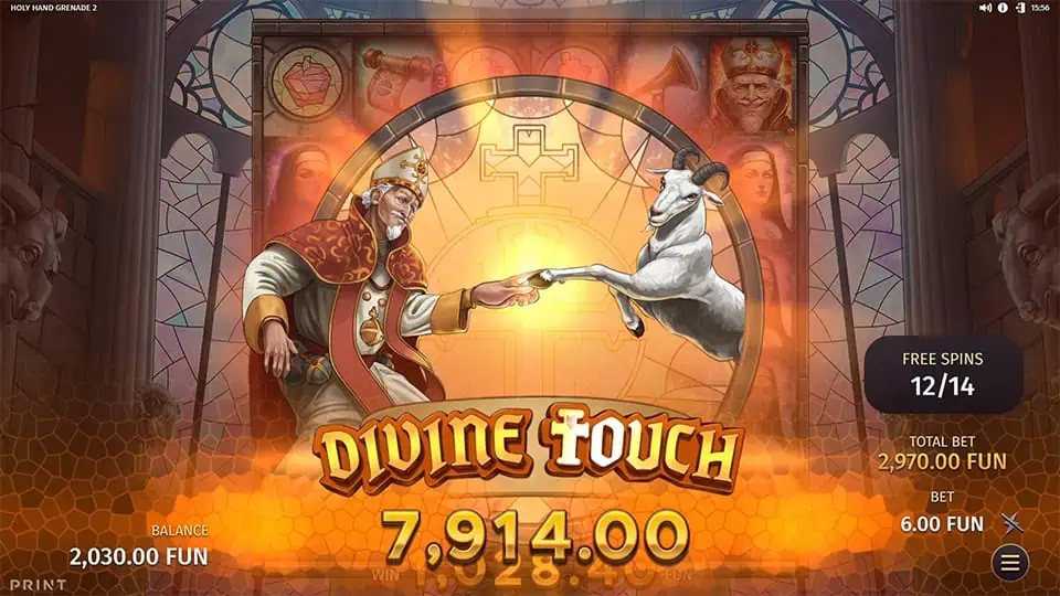 Win screen showing a radiant goat touching a bishop’s finger, inspired by Michelangelo’s Creation scene.