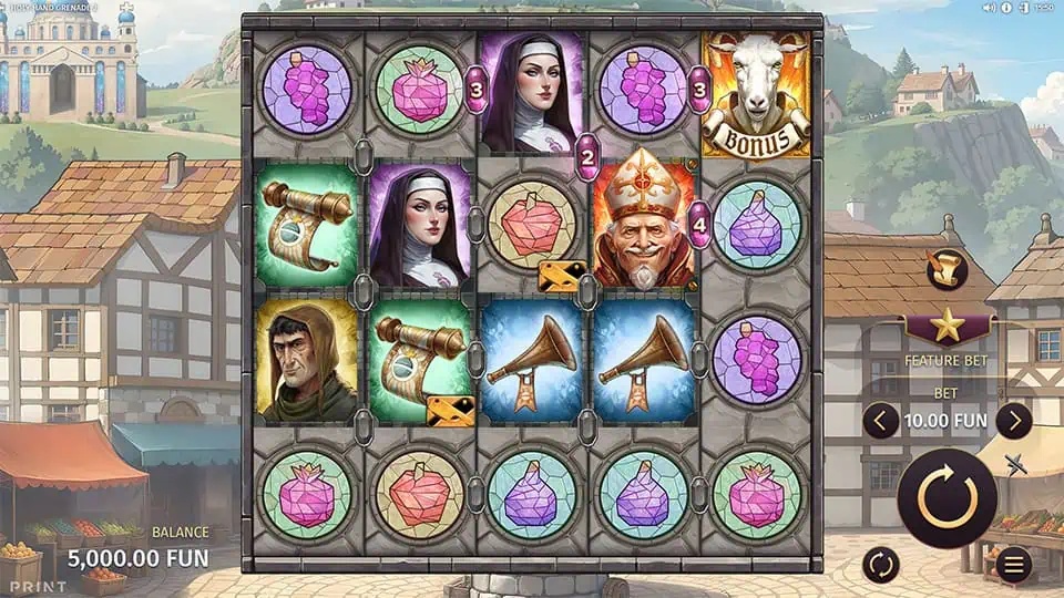 Main reels packed with scrolls, nuns, bishops, and purple crystal symbols set in a medieval village.