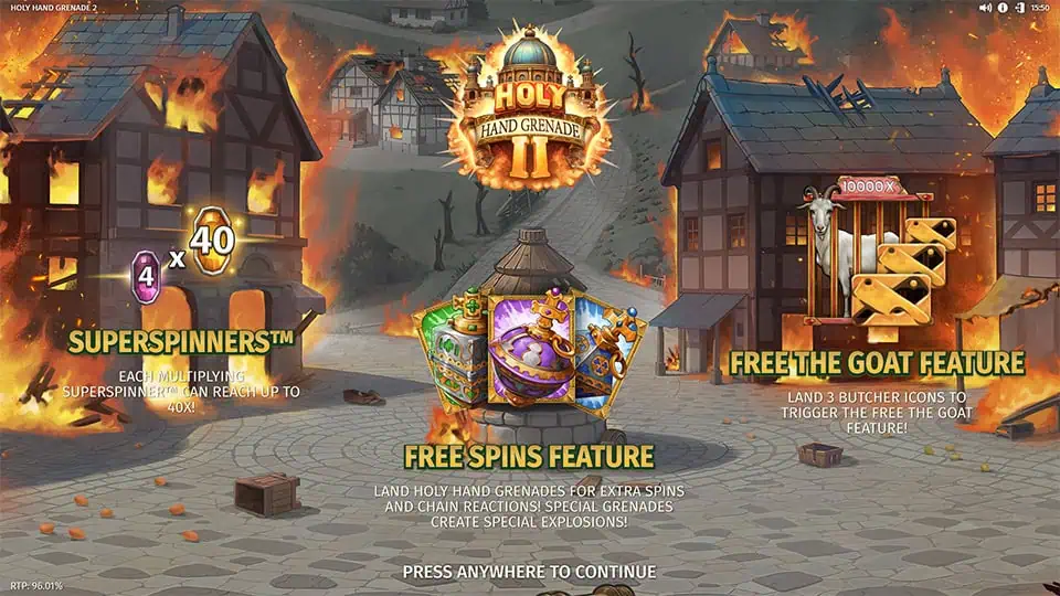 Intro page with burning town, featuring highlights of Superspinners, Free the Goat, and Free Spins bonuses.