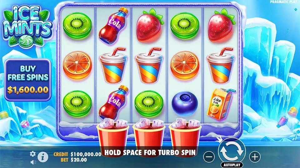Colorful reel setup with fruit, soda, and juice box symbols in a frozen landscape and bonus buy button on the side.