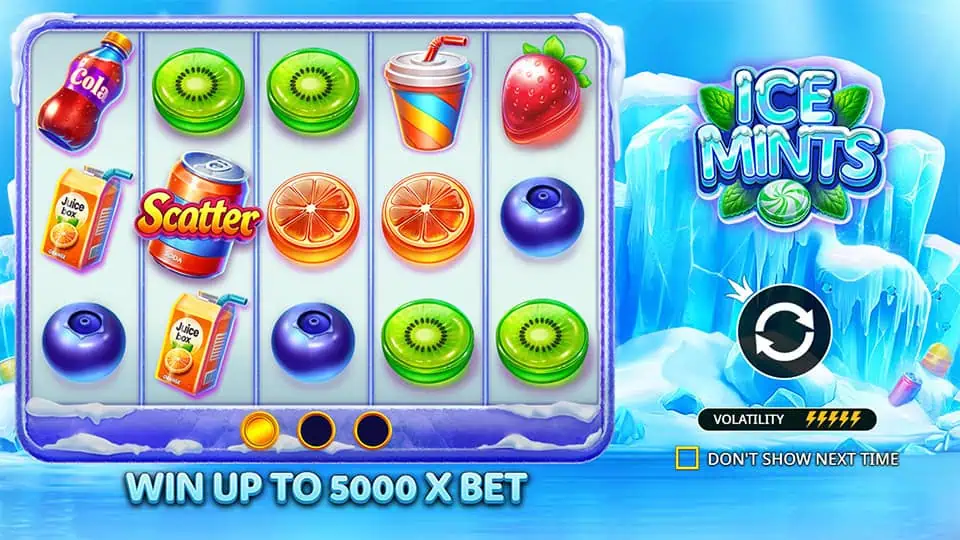 Intro screen showing volatility level, scatter feature, and message promising up to 5000x your bet.