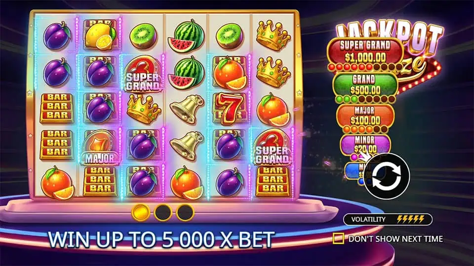 Intro screen with glowing reels, Super Grand jackpot symbols, and volatility rating at the bottom.