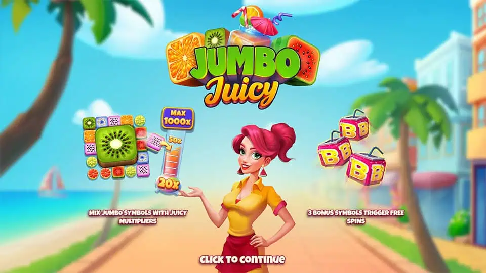 Intro screen of Jumbo Juicy slot with fruit symbols, bonus cubes, and animated hostess under palm trees.