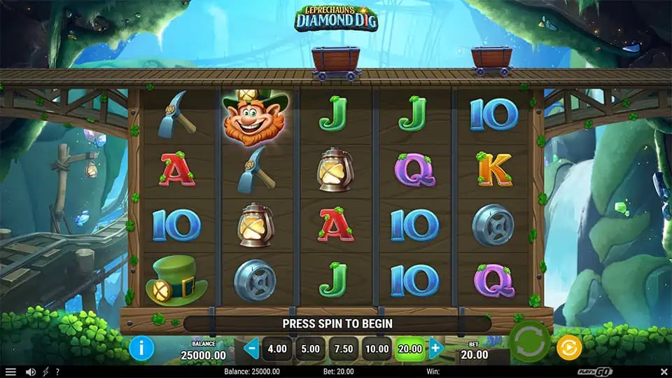 Slot reels featuring lanterns, pickaxes, lucky hats, and gem-themed symbols set on a mine bridge.