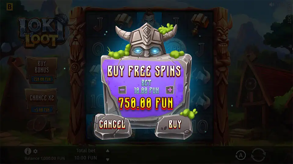 Buy Free Spins feature displayed on a carved stone panel with Viking helmet, offering instant bonus entry.