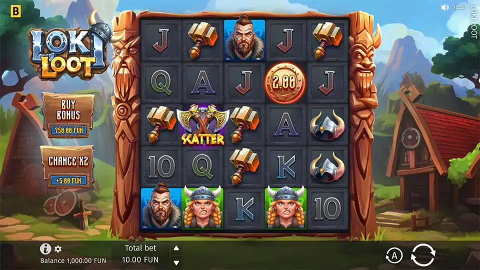 Slot reels with Viking characters, hammers, horned helmets, and coin symbols framed by carved wooden totems.