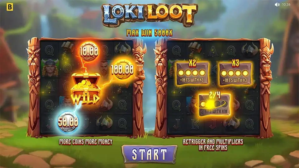 Loki Loot intro screen showing bonus features, wild collection with coin prizes, and free spin multipliers.