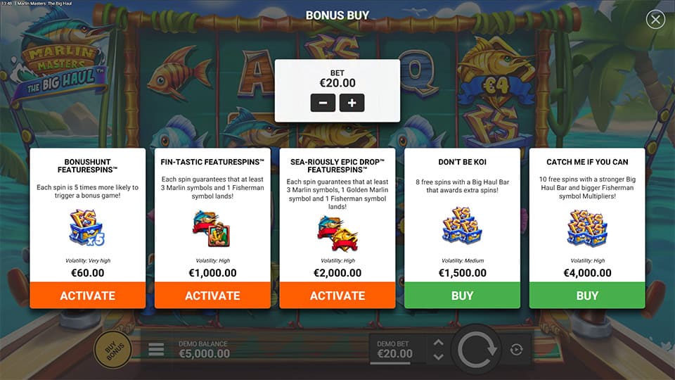 Bonus buy screen offering five distinct feature spins, including multipliers and bonus guarantees.