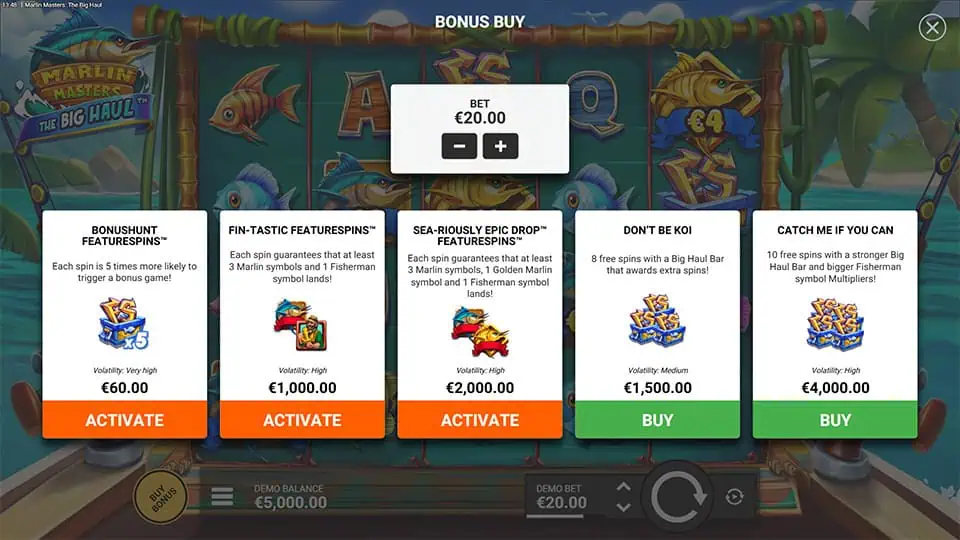Bonus buy screen offering five distinct feature spins, including multipliers and bonus guarantees.