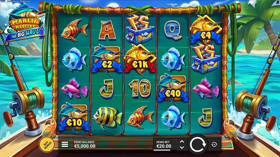 Colorful slot grid with marlin symbols, fish, treasure chests, and tropical sea background.