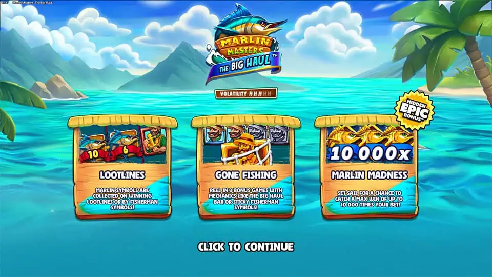 Intro screen highlighting Lootlines, bonus games, and Marlin Madness with up to 10,000x max win.