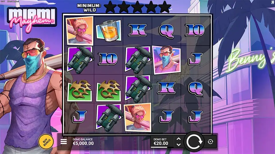 Base game reels featuring weapons, crew members, sunglasses, and neon symbols under a tropical skyline.