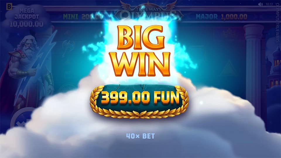 Big Win screen showing 399.00 FUN with glowing clouds and golden laurel leaves.