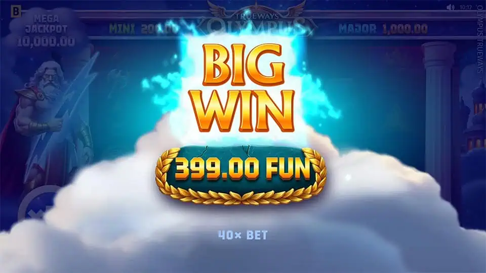 Big Win screen showing 399.00 FUN with glowing clouds and golden laurel leaves.