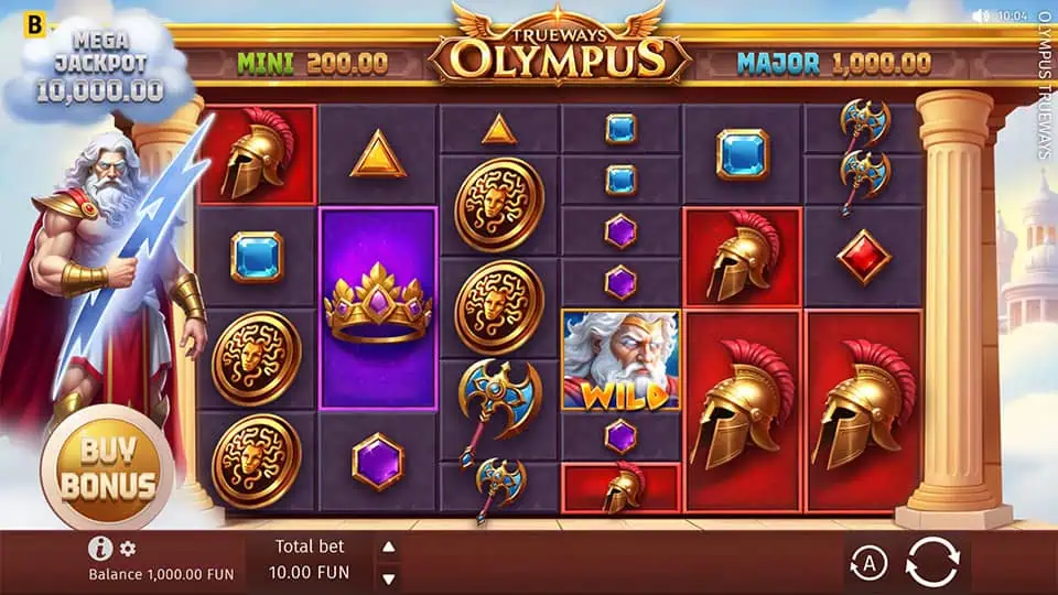 Base game screen showing ancient Greek symbols, stacked helmets, and a Zeus wild on the reels.