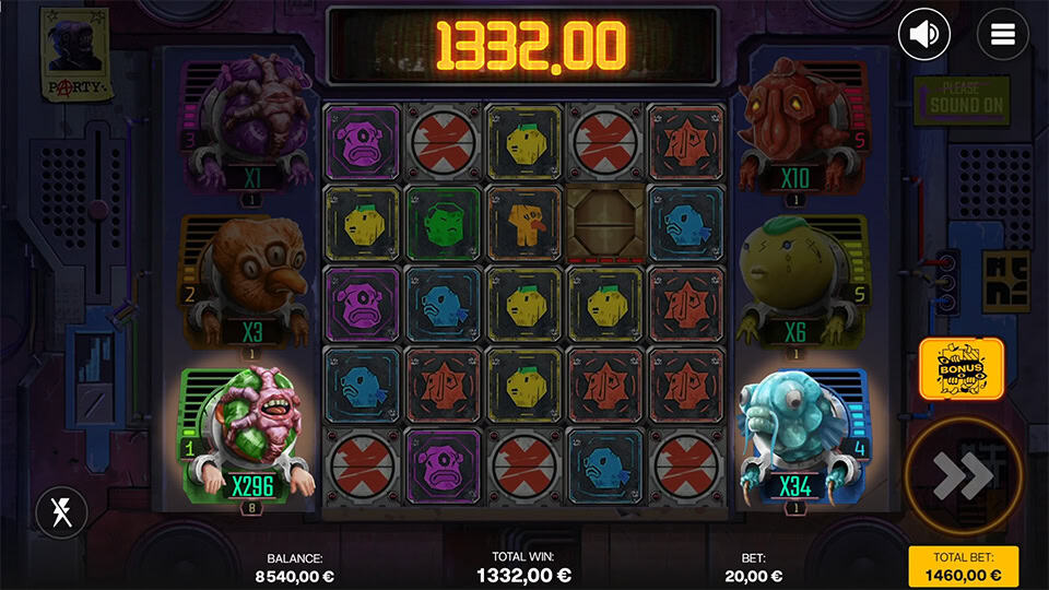 €1332.00 win shown above a grid of symbols, with character multipliers lit up and glowing reels in cyberpunk setting.