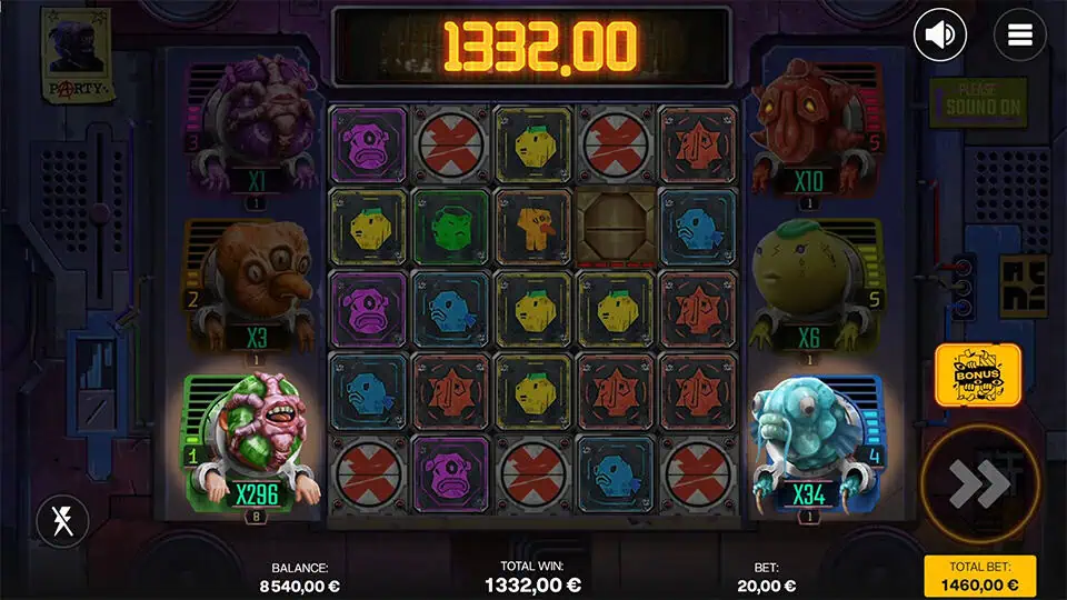 €1332.00 win shown above a grid of symbols, with character multipliers lit up and glowing reels in cyberpunk setting.