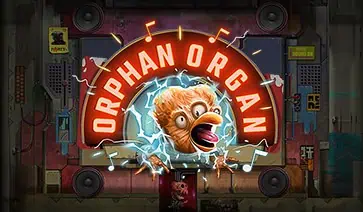 Orphan Organ slot logo with electrified bird head and neon music notes on dark machine background.