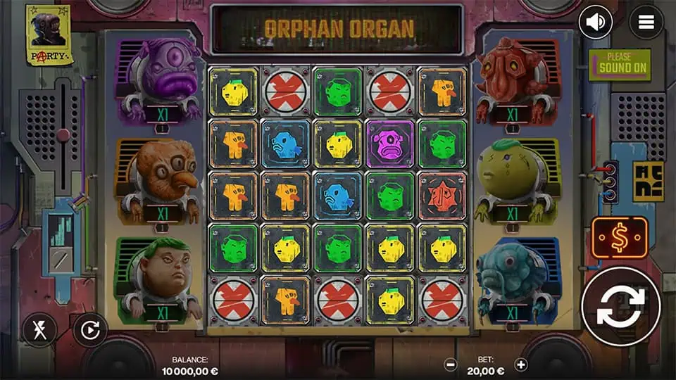 Slot reels filled with colorful mutant faces, surrounded by quirky animated characters in a mechanical sci-fi frame.