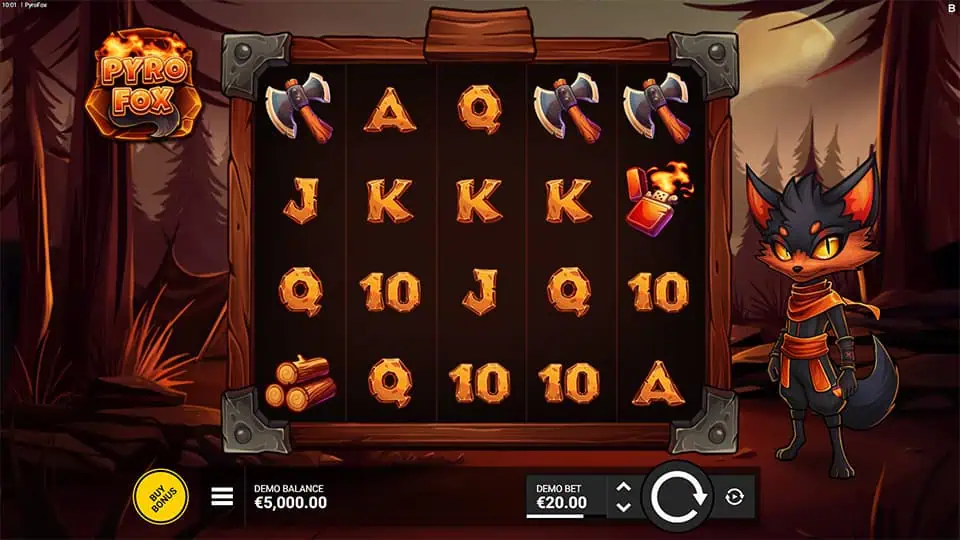 Reels filled with axes, leaves, logs, and card symbols with the Pyrofox character on the right.