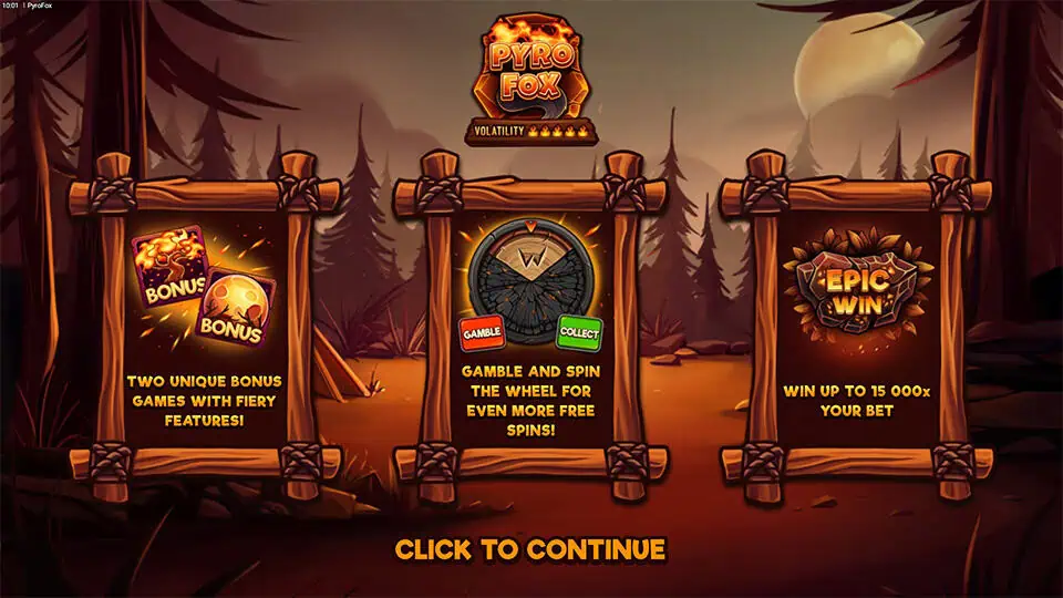 Intro screen showcasing bonus games, free spins wheel, and 15,000x max win potential.