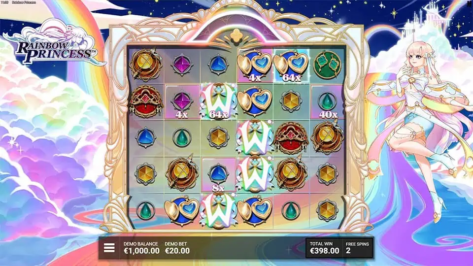 Free spins screen showing Wild symbols, active Magic Frame Multipliers, and a filling rainbow bar.