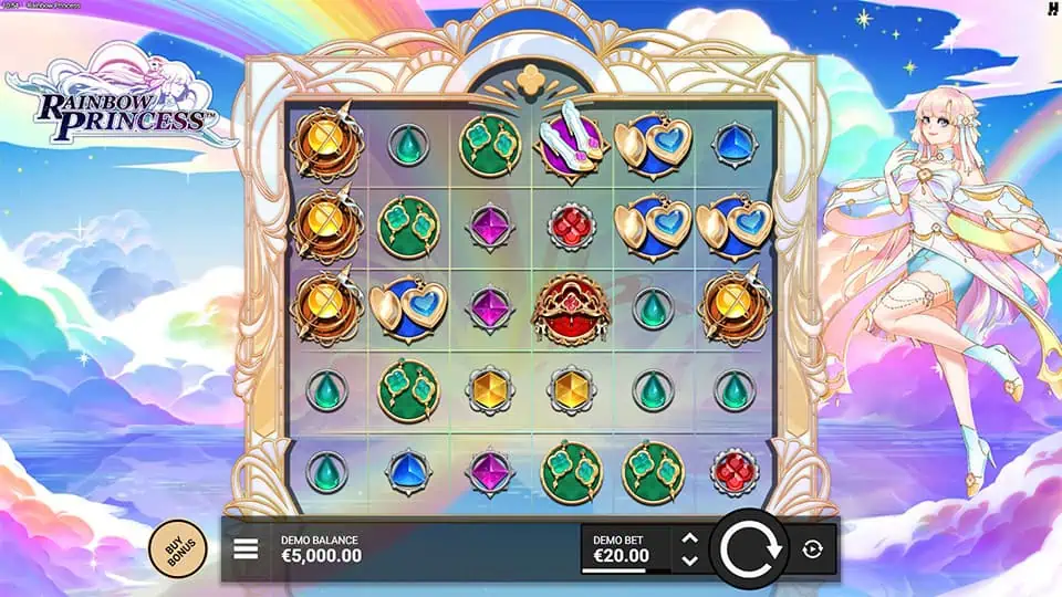 Game grid with colorful heart, gem, and shoe symbols set against a magical fantasy sky.