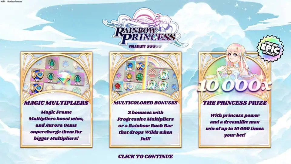 Intro screen showing three bonus features with icons: multipliers, rainbow bar, and top prize panel.