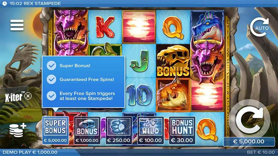 X-iter bonus buy menu featuring Super Bonus, Bonus Hunt, and Wild options.