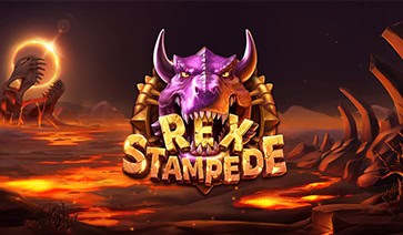 Rex Stampede slot logo with volcanic background and fiery lava glow.