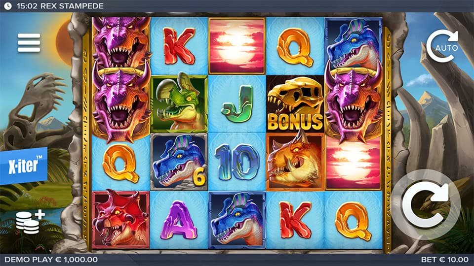 Slot screen showing colorful dinosaur symbols, bonus symbols, and wilds on a stone-framed grid with jungle backdrop.