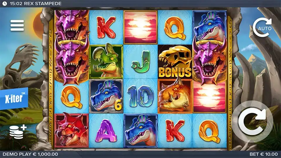 Slot screen showing colorful dinosaur symbols, bonus symbols, and wilds on a stone-framed grid with jungle backdrop.