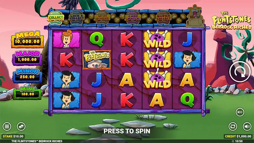Slot grid with classic characters, purple wild symbols, and jackpot tiers on the left side, set against a prehistoric cartoon backdrop.