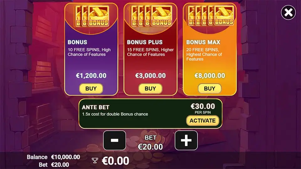 Buy feature menu offering Bonus, Bonus Plus, and Bonus Max with adjustable ante bet option.