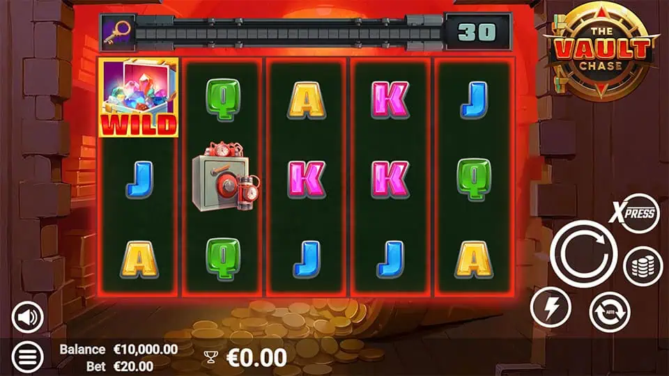 Slot grid with colorful card symbols, wild vaults, and safe icons set inside a gold vault room.