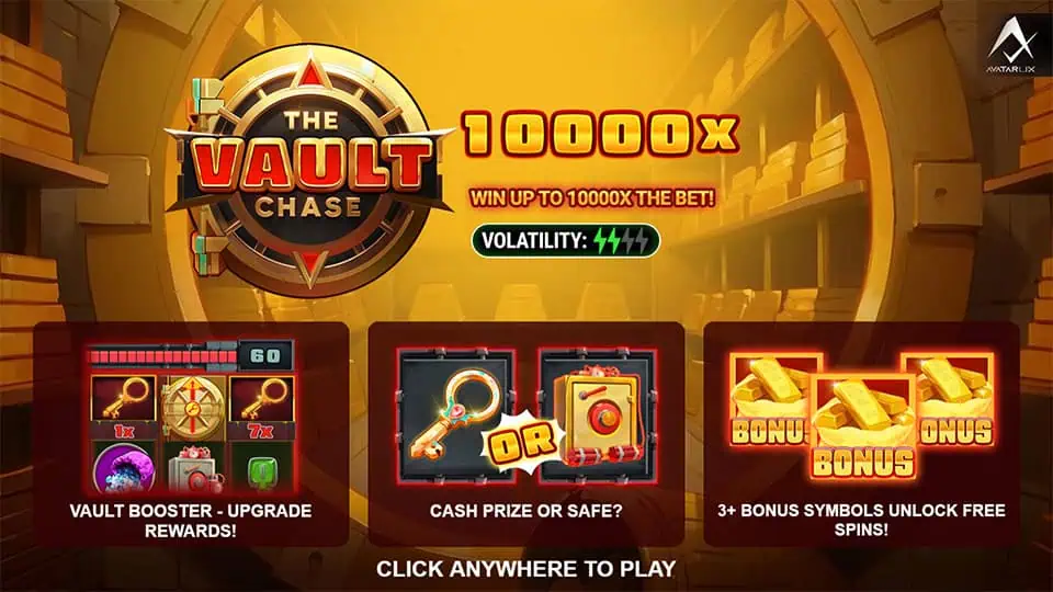 Intro screen showing features like Vault Booster, Cash Prize or Safe, and Free Spins up to 10,000x.