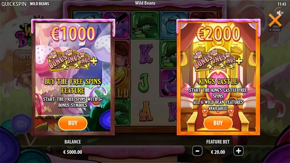 Bonus buy screen offering Free Spins for or King’s Castle mode with all wild features.